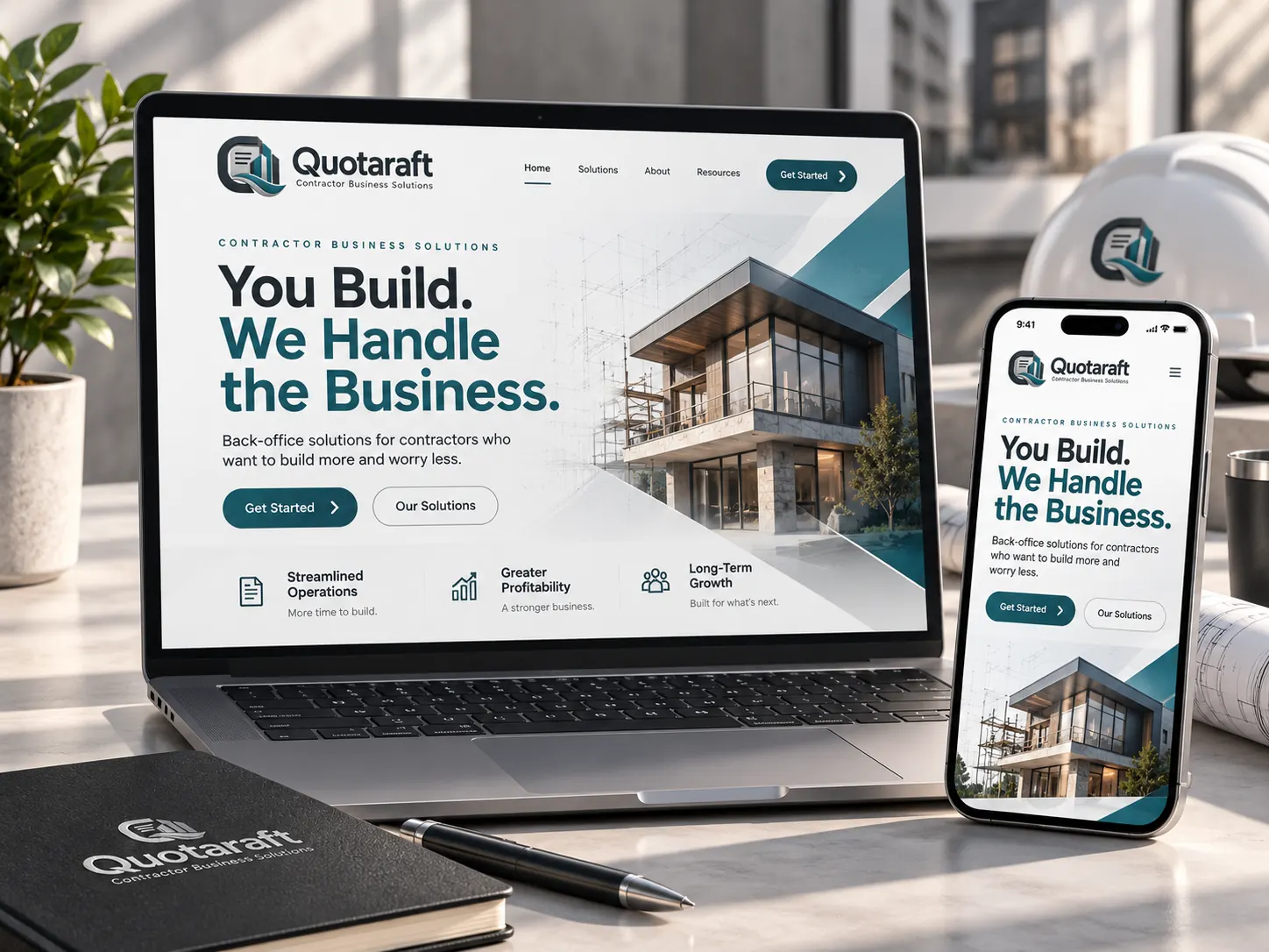 Quotaraft branded workspace and website design concept